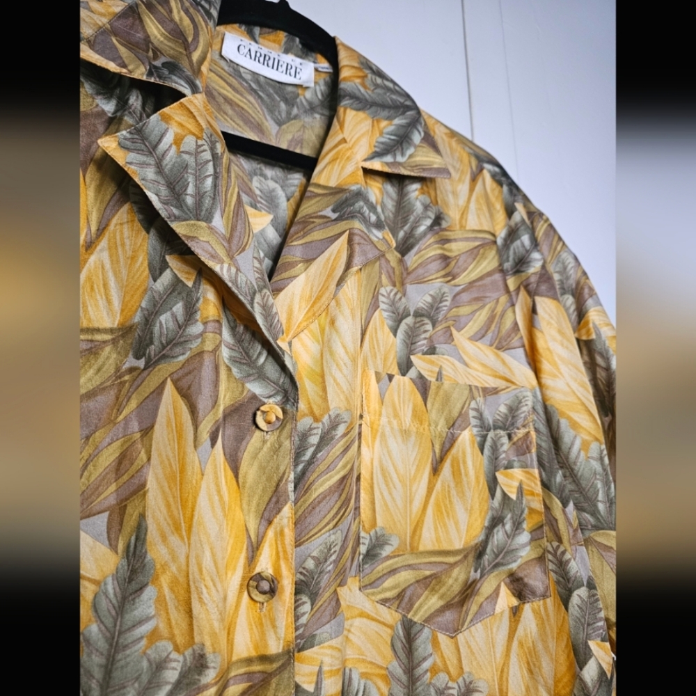 100% Silk XL Vintage Tropical Leaf Print Hawaiian Style Shirt